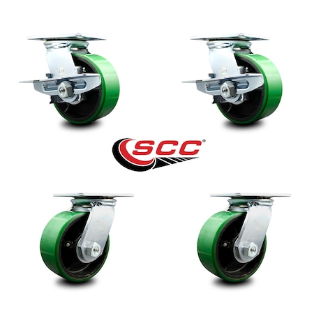 Service Caster 6 Inch Poly on Cast Iron Wheel Heavy Duty Top Plate Caster Set with 2 Brakes SCC SCC-55S625-PUR-GB-2-SLB-2